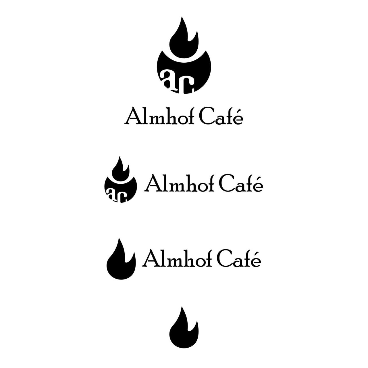 Состав знака Almhof Café: пламя-чашка над названием, рядом с названием и знак отдельно