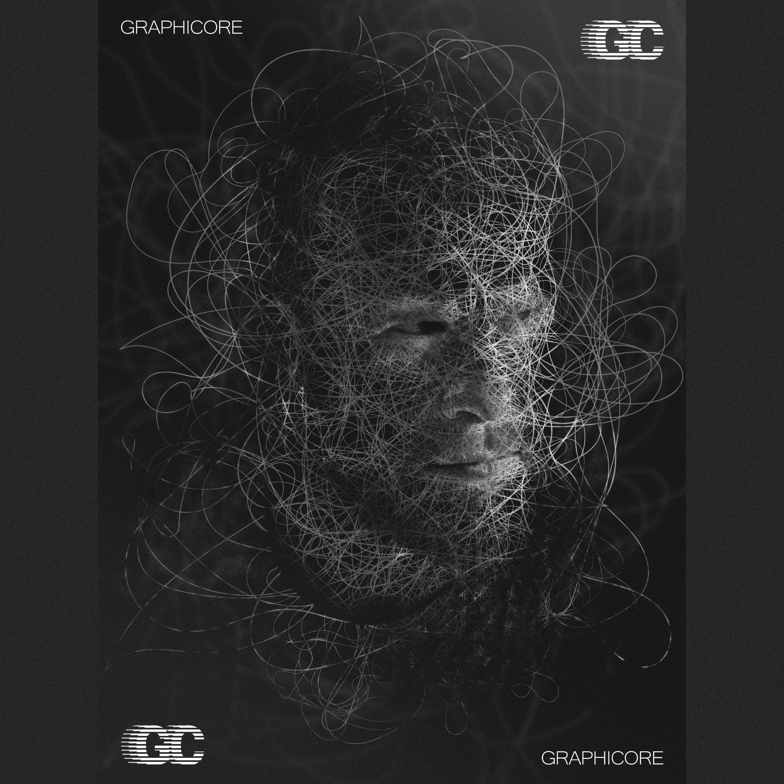 Чёрно-белый постер с лицом из нитей, по четырём углам подписи GRAPHICORE и знаки GC