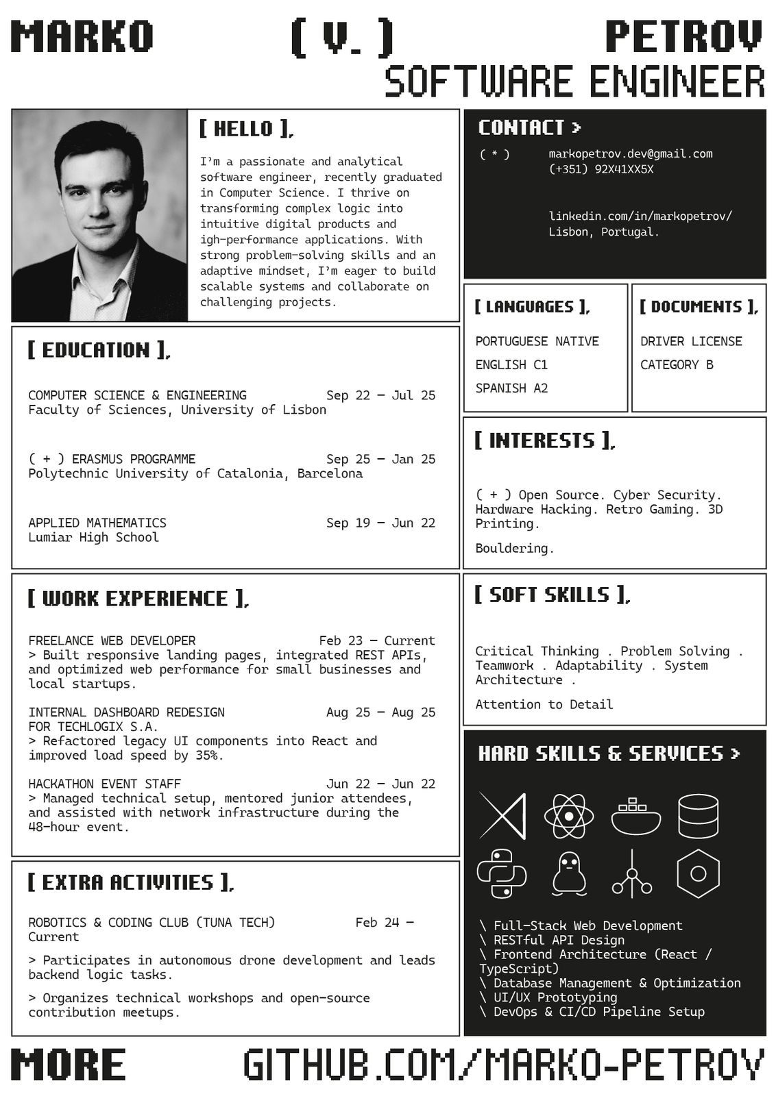Шаблон резюме разработчика на английском в пиксельном шрифте: та же сетка блоков, имя и должность разработчика, разделы Education, Experience, Skills и Languages