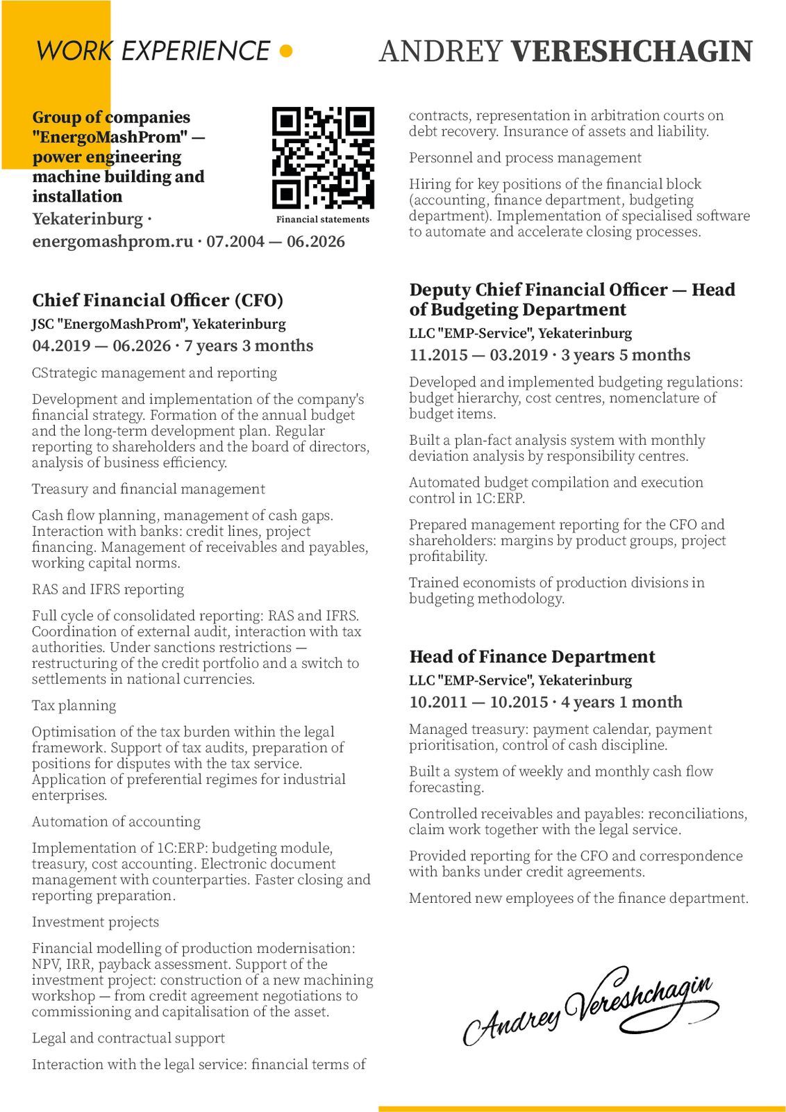 Страница опыта работы на английском: заголовок Work experience на жёлтой плашке, QR-код, компания, город, сайт и периоды работы, две колонки с должностями Chief Financial Officer, Deputy CFO и Head of Finance, внизу подпись почерком