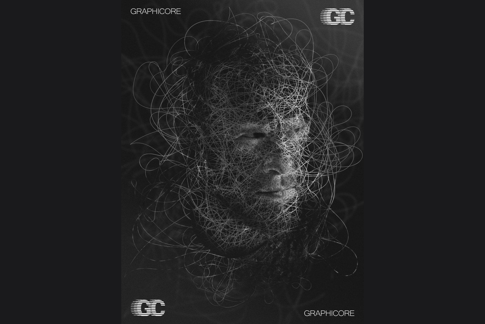 Чёрно-белый постер: лицо, составленное из переплетённых нитей, подписи GRAPHICORE по четырём углам