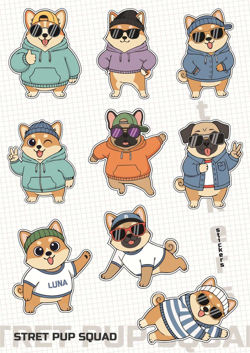 Стикерпак street pup squad: собаки в худи, кепках, солнцезащитных очках и куртках на светлой сетчатой подложке