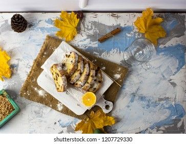Slices of homemade raisin cake. Raisin bread cake. Breakfast concept. Rustic style.