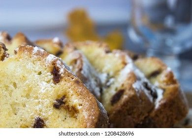Slices of homemade raisin cake. Raisin bread cake. Breakfast concept. Rustic style. macro.