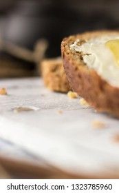 Pieces of bread with butter and honey, macro