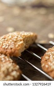 Oatmeal cookies on tray on rustic wooden table