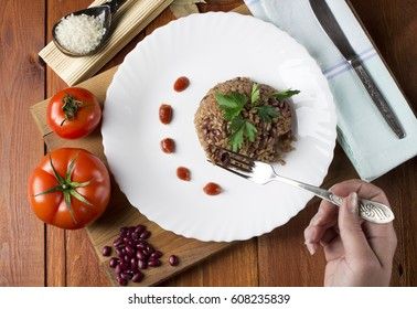 Congri dish of Cuban national cuisine. Сaribbean rice congri.