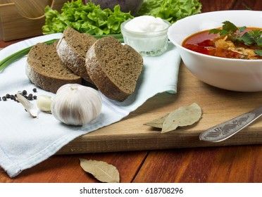 ukrainian on russian beetroot soup borscht on napkin on wooden background