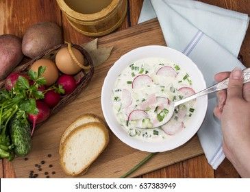 Cold soup with whey and white bread, okroshka